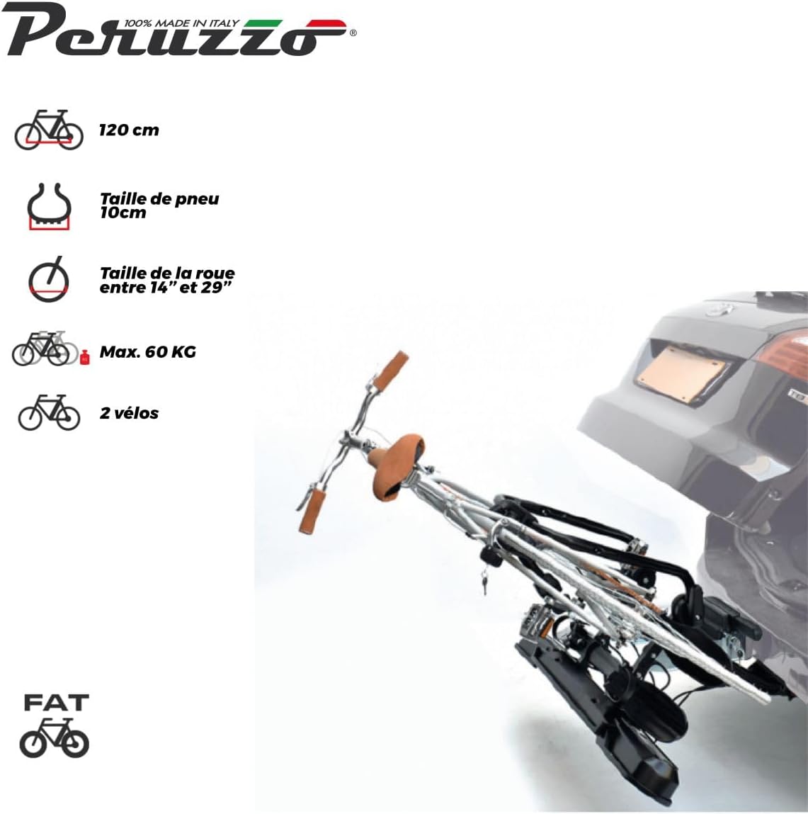 Peruzzo - Pure Instinct Hitch Carrier - Transport 2 Bikes up to 60kg - Compatible with Electric and Fat Bikes - Tilt with Pedal - Key Lock Included - European Universal