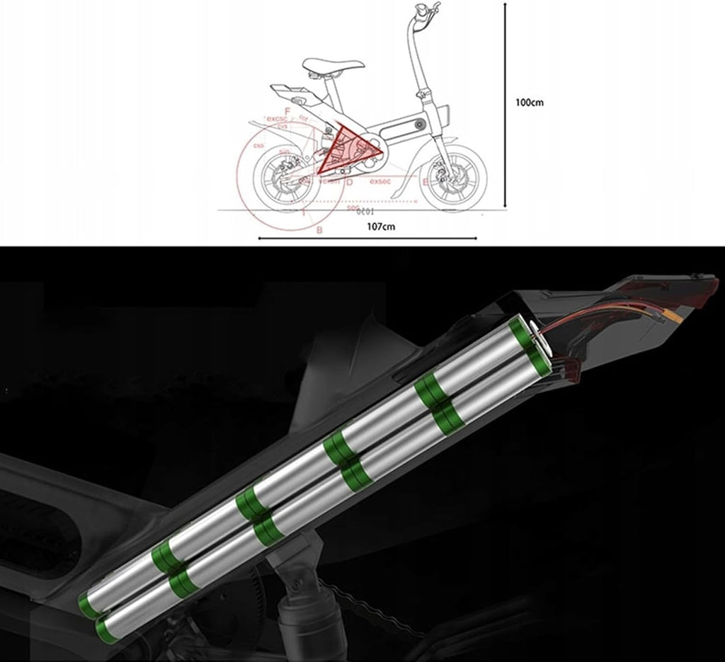 14 inch folding electric bike, 36 V 6.0 Ah battery 250 W motor, up to 25 – 35 km, double disc brakes and maximum speed of 25 km/h, E-bike for adults