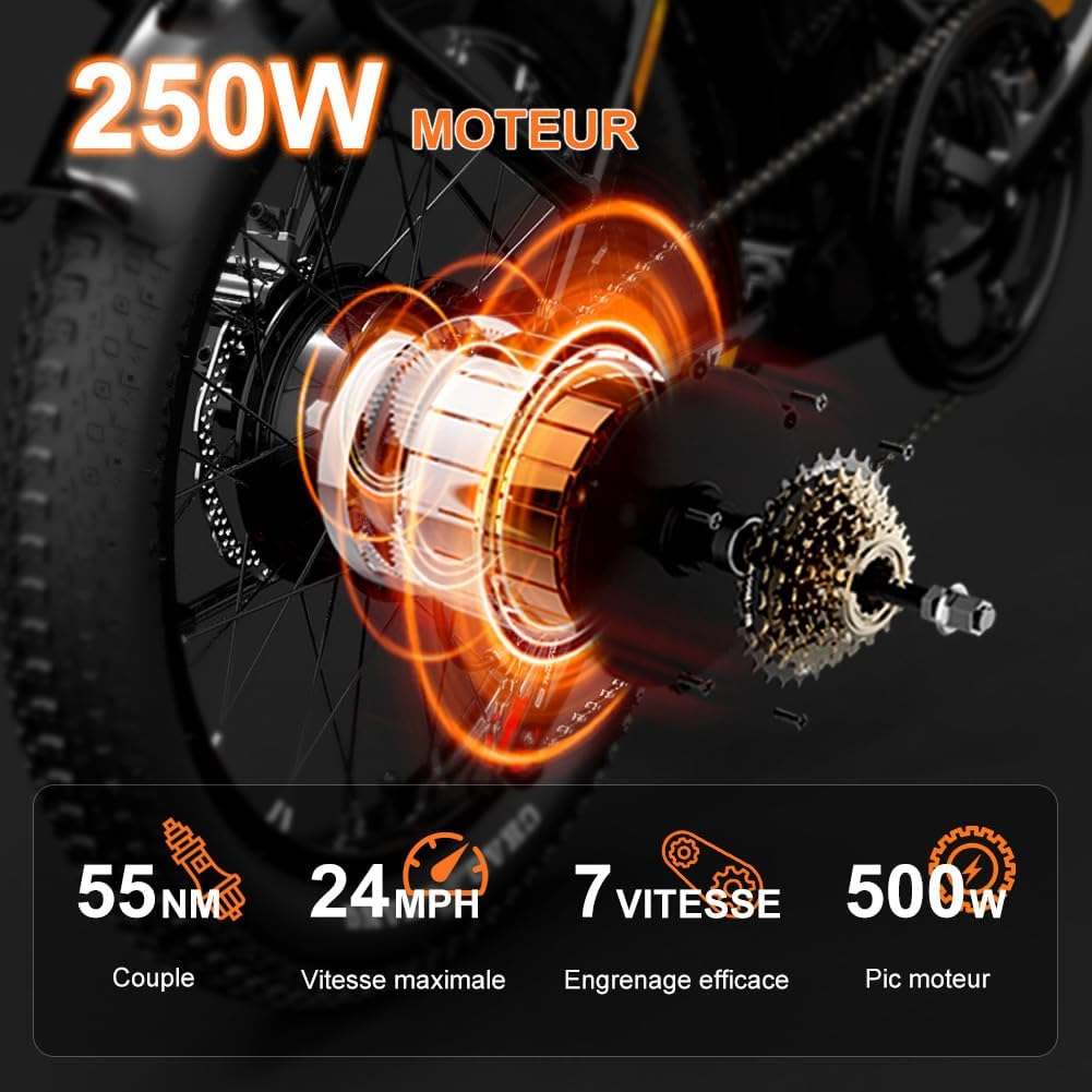 Générique Velo Electrique Pliable 20" Fat Bike 48V 250W avecBatterie 15Ah, Autonomie 40-60 km, Suspension Avant, Freins aDisque, Ecran LCD, Panier & Porte-Bagages - Velo Urbain