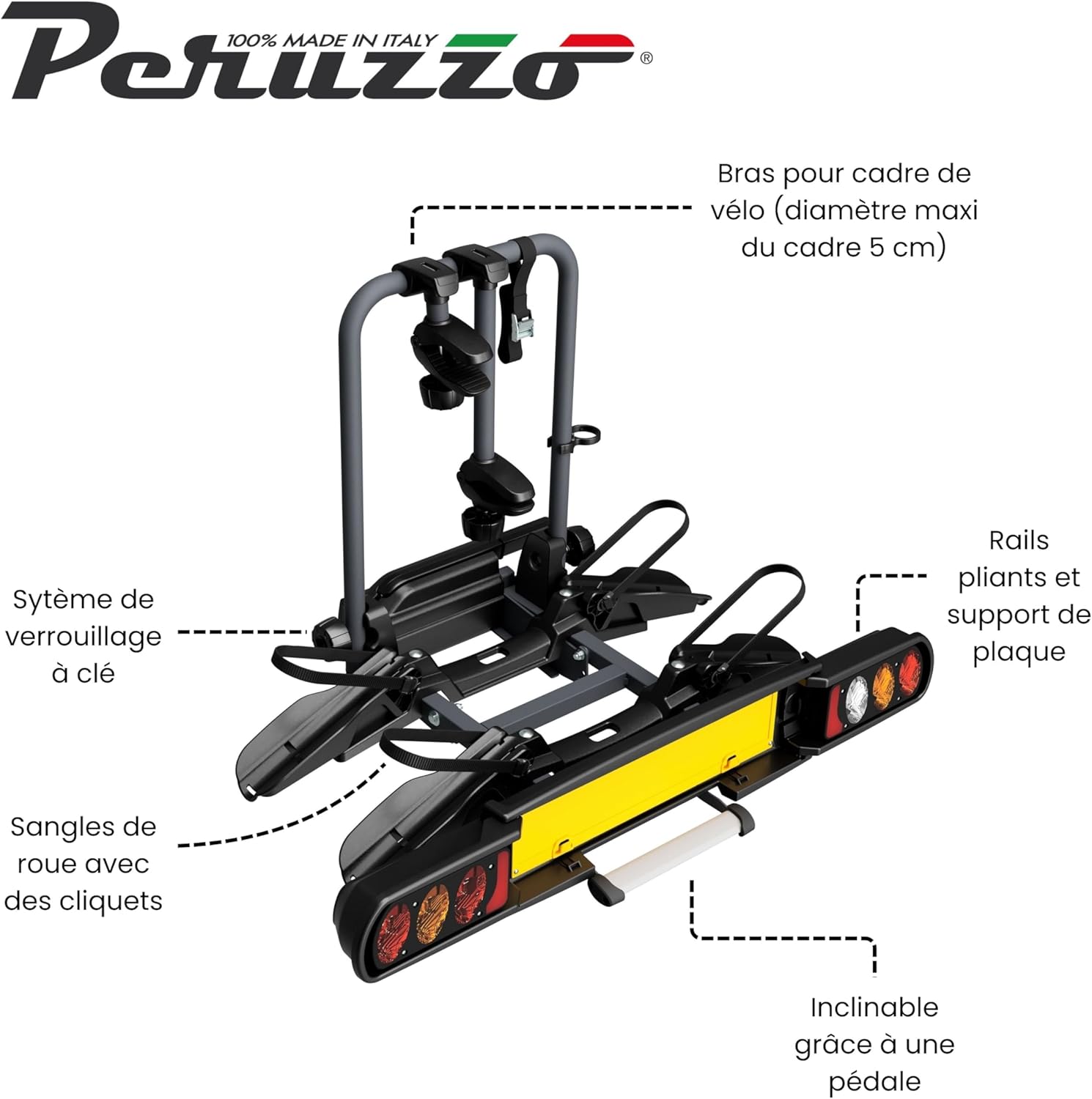 Peruzzo - Pure Instinct Hitch Carrier - Transport 2 Bikes up to 60kg - Compatible with Electric and Fat Bikes - Tilt with Pedal - Key Lock Included - European Universal