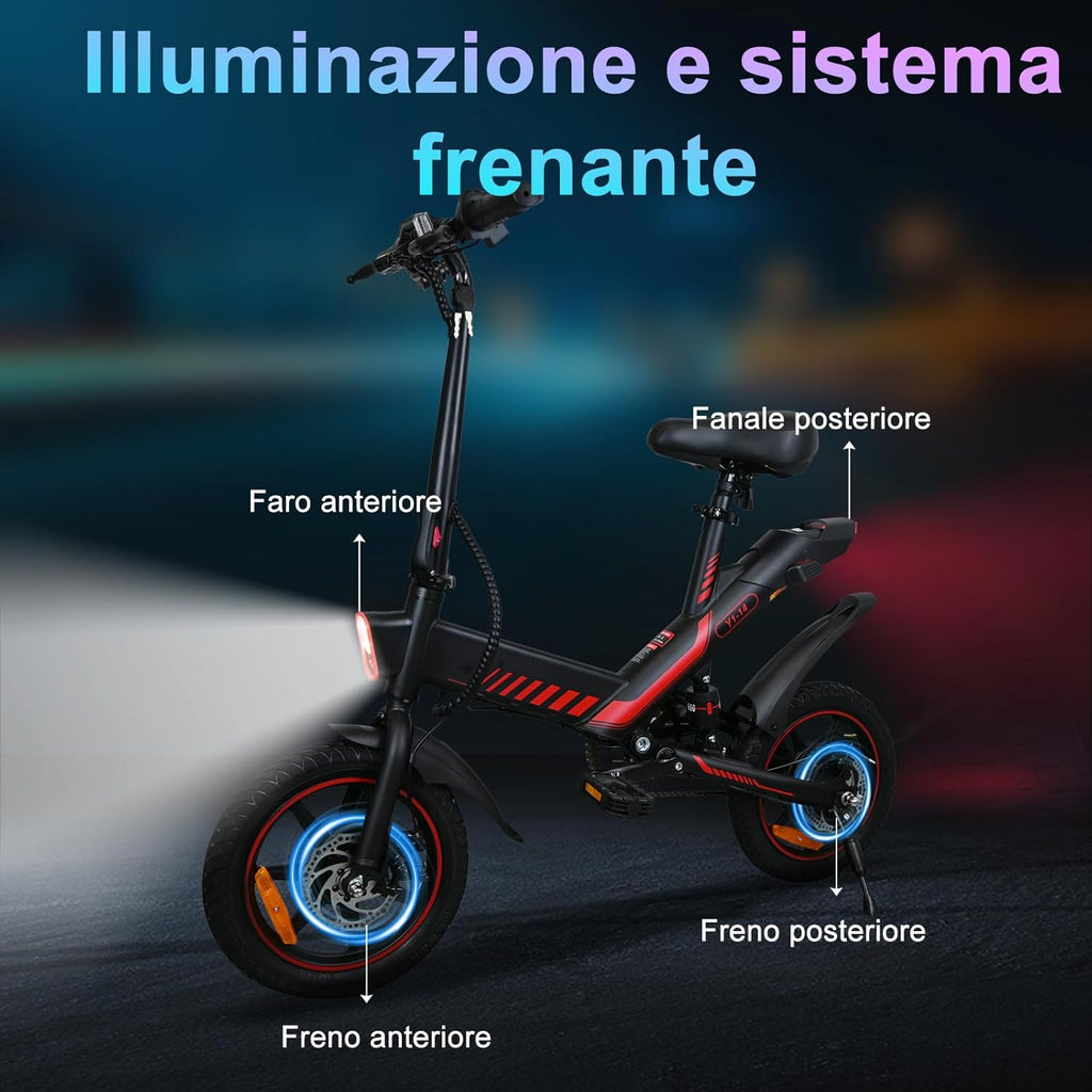 14 inch folding electric bike, 36 V 6.0 Ah battery 250 W motor, up to 25 – 35 km, double disc brakes and maximum speed of 25 km/h, E-bike for adults