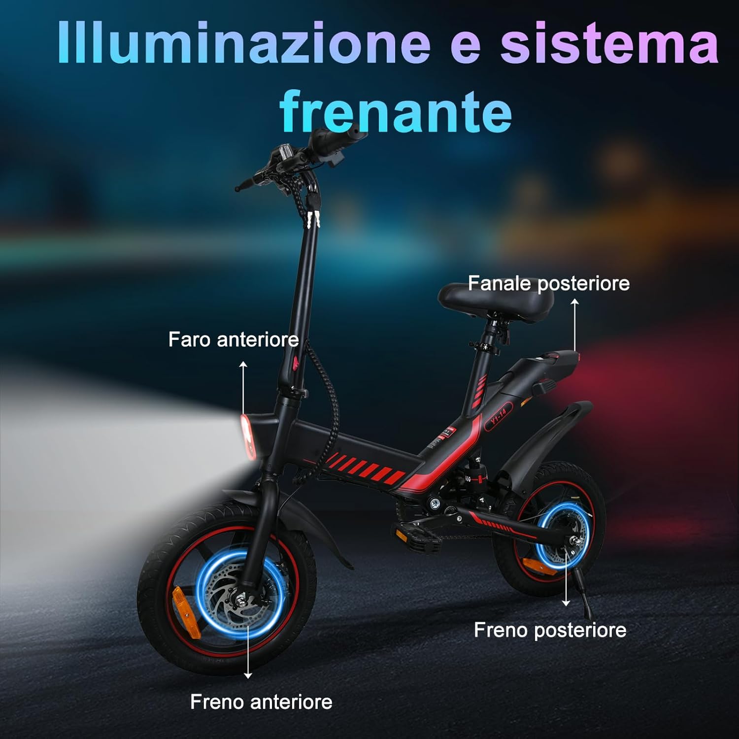 14 inch folding electric bike, 36 V 6.0 Ah battery 250 W motor, up to 25 – 35 km, double disc brakes and maximum speed of 25 km/h, E-bike for adults
