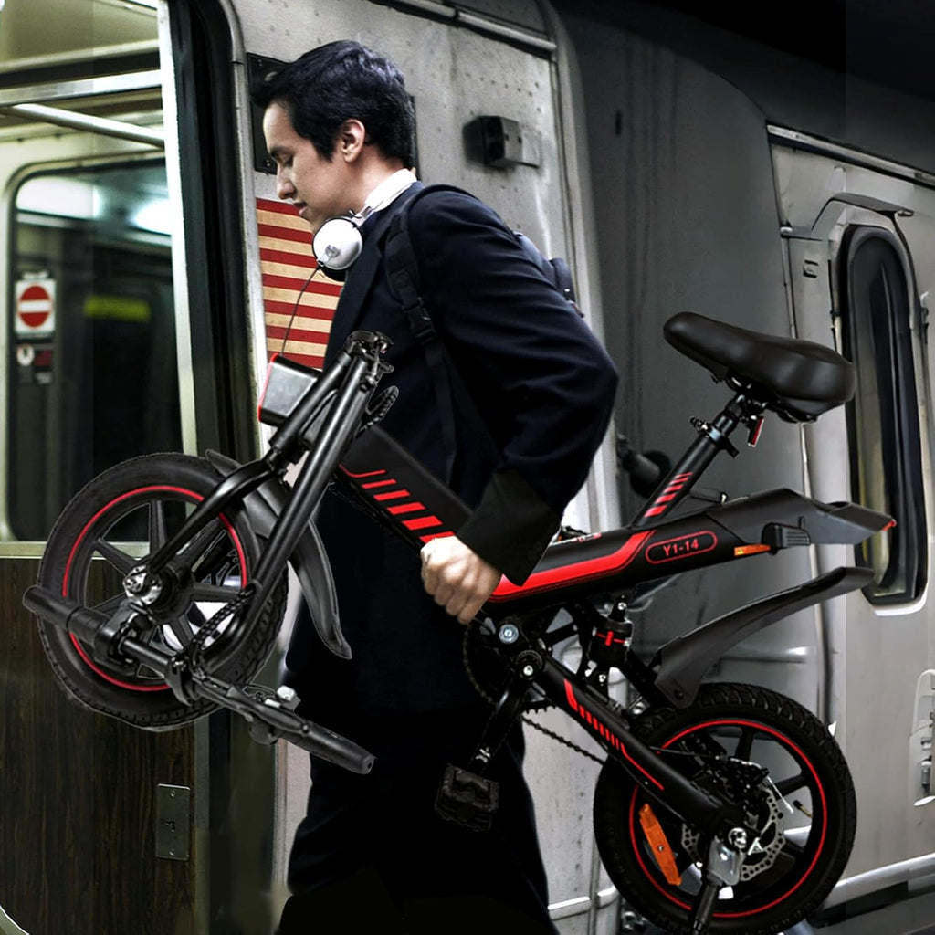 14 inch folding electric bike, 36 V 6.0 Ah battery 250 W motor, up to 25 – 35 km, double disc brakes and maximum speed of 25 km/h, E-bike for adults