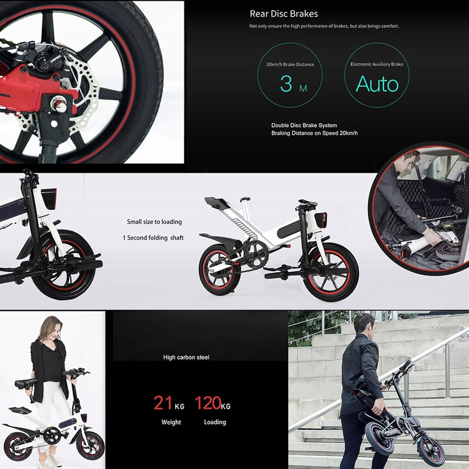 14 inch folding electric bike, 36 V 6.0 Ah battery 250 W motor, up to 25 – 35 km, double disc brakes and maximum speed of 25 km/h, E-bike for adults