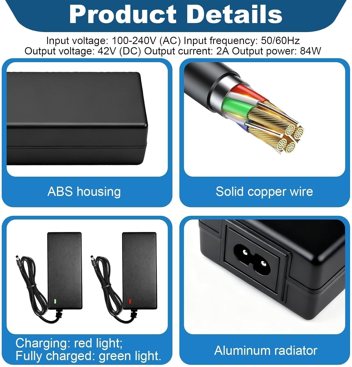 Electric Scooter Charger, 42V 2A Charger Hoverboard, 36V Universal Charger Electric Scooter Battery with 6 Connectors for Xiaomi M365 Hoverboard Electric Scooter E-Bike