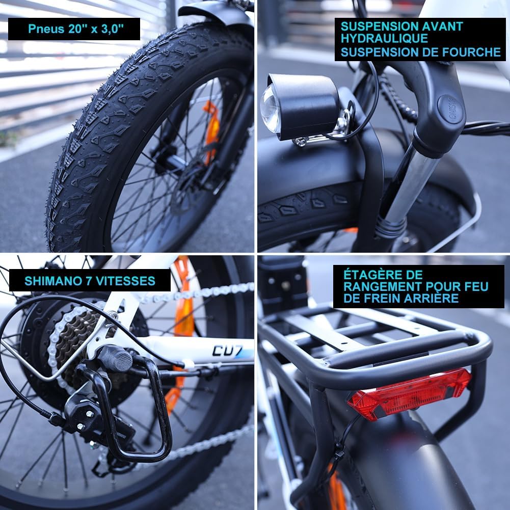 Générique Velo Electrique Pliable 20" Fat Bike 48V 250W avecBatterie 15Ah, Autonomie 40-60 km, Suspension Avant, Freins aDisque, Ecran LCD, Panier & Porte-Bagages - Velo Urbain