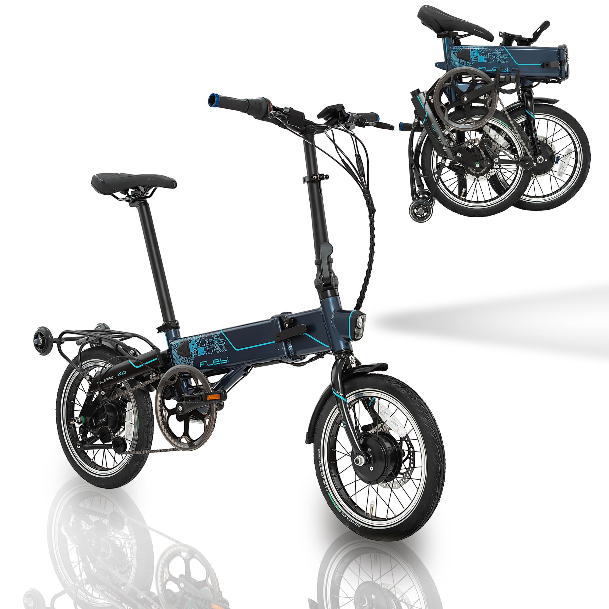 Flebi Supra 4.0+ Folding Electric Bike 16 Inches | Autonomy 100 km | Removable Battery 14Ah/504Wh | 7 Speeds | Unisex Compact and Lightweight Urban E-Bike